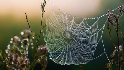 Spider Web Pearls: Dew Drops at Sunrise Macro Shot of a Dew-Laden Spider Web Shimmering Web: Water Droplets on Fine Silk