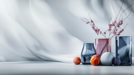 Aufkleber - Minimalist arrangement of semitransparent objects with vases interior space still life soft lighting artistic perspective