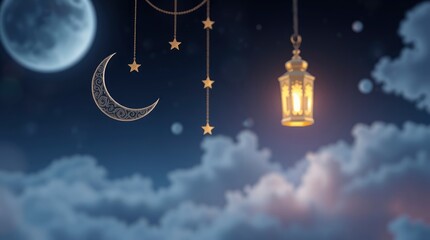 Wall Mural - night sky, crescent moon, stars, glowing lantern, clouds, celestial elements, magical atmosphere