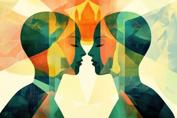 Wall Mural - Abstract depiction of two female silhouettes embracing each other in vibrant colors, symbolizing connection and unity through diverse emotions