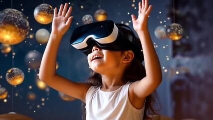 Poster - Young girl exploring a virtual reality world while reaching for glowing orbs at home in the evening
