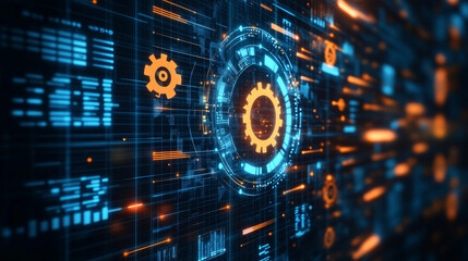 Poster - Company data analytics, processing line icon. Business research database analysis outline sign, company performance presentation or finance report infographics outline vector icon with gear cog wheel