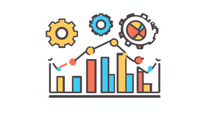 Poster - Company data analytics, processing line icon. Business research database analysis outline sign, company performance presentation or finance report infographics outline vector icon with gear cog wheel