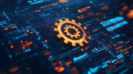 Poster - Company data analytics, processing line icon. Business research database analysis outline sign, company performance presentation or finance report infographics outline vector icon with gear cog wheel