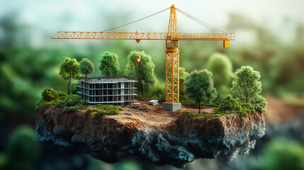 Poster - construction on a piece of land with a crane . Generative AI
