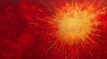 Poster - Bright abstract explosion of golden light, vibrant red background with dynamic energy, perfect for creative projects.