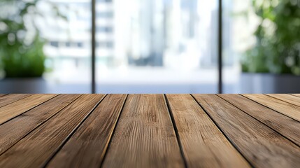 Wall Mural - Wooden table top in focus with blurred glass and out of focus background scenery