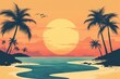 © SY - Silhouetted palm trees frame a vibrant sunset over a tranquil ocean beach. Perfect for travel, vacation, or relaxation themes.