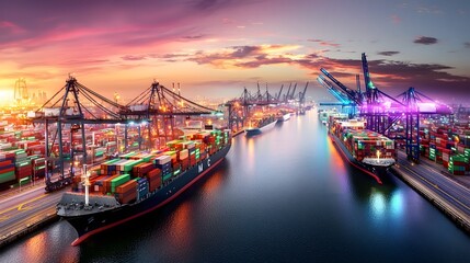Poster - Expansive view of a smart shipping yard featuring interconnected cargo terminals AI managed trade routes and a seamless digital logistics system glowing with neon purple and blue cybernetic lights