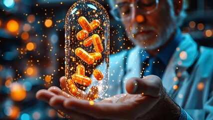 Poster - Scientist examining glowing capsules in a laboratory filled with advanced technology