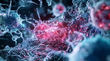 Poster - Microscopic cell communication laboratory hyperrealistic imagery scientific environment close-up biological interactions