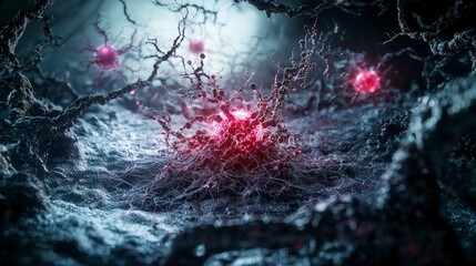 Leinwandbilder - Dynamic cellular communication networks in a mesmerizing sci-fi landscape abstract imagery digital art futuristic view