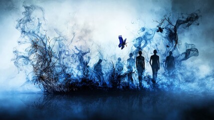 Aufkleber - Human silhouettes merging with blue smoke abstract art scene digital art minimalist environment artistic perspective