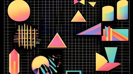 Poster - Colorful geometric shapes on a dark background, vibrant illustration with circles, triangles, and squares, modern abstract design.