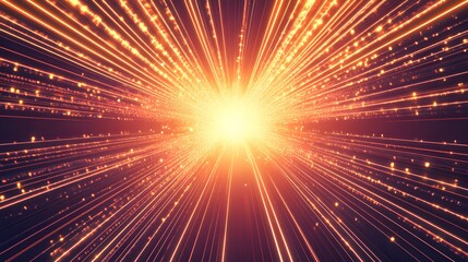 Poster - Radiant energy burst, vibrant orange and yellow light beams radiating outward, abstract design for technology and creativity themes.