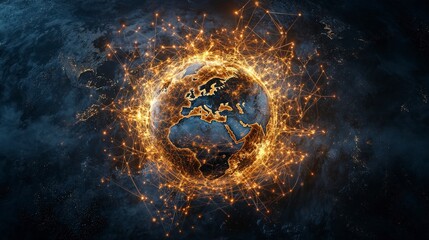 Poster - Aerial view of digital artwork global perspective on collaborative problem-solving networks in a futuristic environment