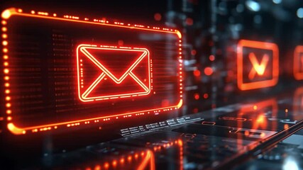 Poster - Stylized neon email icons illuminated in a futuristic digital interface background
