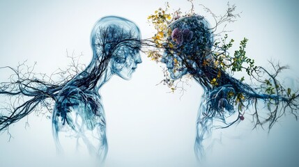 Poster - Intertwined transparent human silhouettes serene environment artistic composition nature elements intimate connection