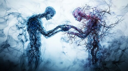 Poster - Intertwined human silhouettes representing connection digital art ethereal environment abstract view emotional concept
