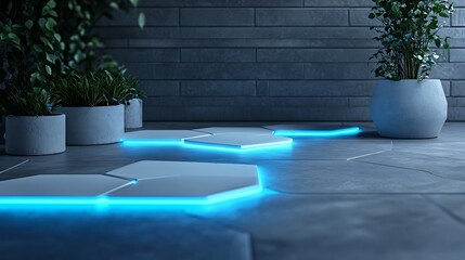 Futuristic Hexagonal Tiles with Glowing Blue Edges