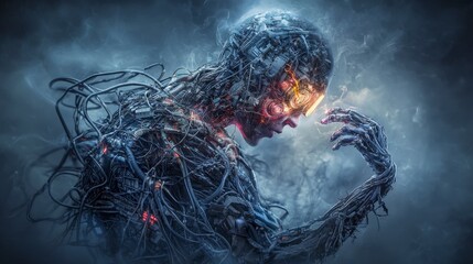 Aufkleber - Exploring transhumanism surreal human-machine connections in a conceptual futuristic cityscape and digital art