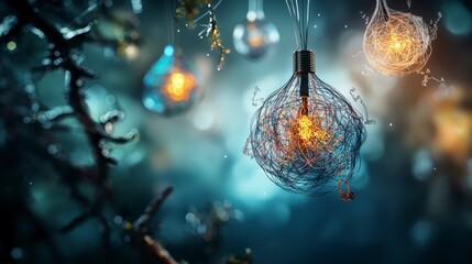 Poster - Visualizing thoughts in a surreal forest scene with glowing lightbulbs fantasy environment dreamlike viewpoint