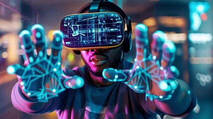 Poster - Person in VR with glowing hand sensors in a modern gaming setup