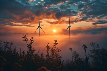 Wall Mural - Wind turbine silhouette at sunrise, wind energy and nature concept.