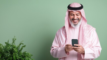 Smiling man using phone, green background, plant