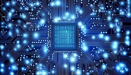 Poster - Blue Glowing Circuit Board Technology, Digital Network, Futuristic Design, Abstract Background