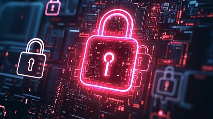 Poster - Digital security locks illuminated in neon on a futuristic circuit board background