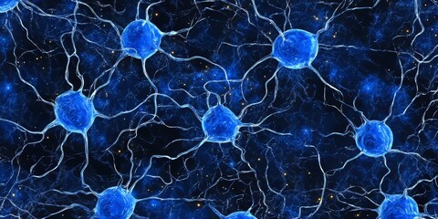 Poster - Glowing Neural Network, Abstract Background With Interconnected Neurons, Synapses, And Blue Light