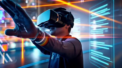 Poster - A person engages with virtual reality technology in a futuristic environment with neon lights