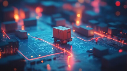 Poster - Close-up view of a delivery package positioned on a digital circuit board. Glowing connections highlight the logistics network, representing modern shipping technology and efficient delivery systems