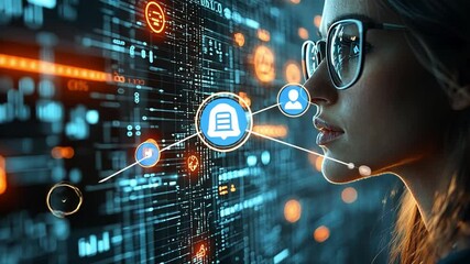 Poster - Woman interacting with digital interface illuminated by data and icons in a modern workspace setting
