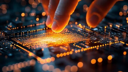 Poster - Person's finger touching a glowing microchip on a dark circuit board at night