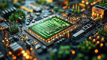 Poster - close-up of a computer circuit board with glowing components and intricate designs at night