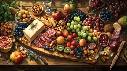 Poster - A charming charcuterie board styled with vibrant fruits, mixed nuts, and cheese on a rustic farmhouse wooden table