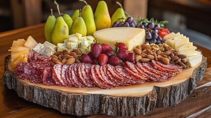 Poster - A charming charcuterie board styled with vibrant fruits, mixed nuts, and cheese on a rustic farmhouse wooden table
