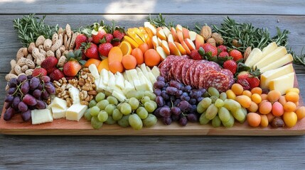 Poster - A charming charcuterie board styled with vibrant fruits, mixed nuts, and cheese on a rustic farmhouse wooden table