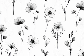 Poster - Minimalist floral abstract pattern with hand-drawn doodles on a white background showcasing modern design elements