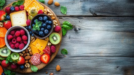 Poster - A top-down view of a colorful charcuterie board with assorted cheeses, nuts, and fresh fruits on a rustic wooden table