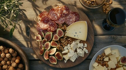 Poster - A top-down view of a vibrant charcuterie spread with mixed cheeses, fresh figs, and nuts on a rustic wood table