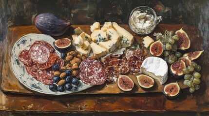 Poster - A top-down view of a vibrant charcuterie spread with mixed cheeses, fresh figs, and nuts on a rustic wood table