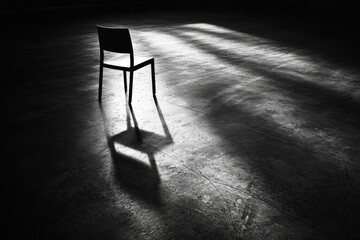 Poster - Minimalist black-and-white composition of a chair casting a strong shadow in a smooth concrete space