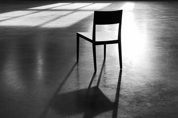 Poster - Minimalist chair casting a deep shadow on a smooth concrete floor in striking black and white composition