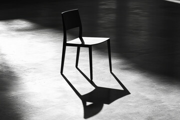 Poster - Black and white minimalist chair casting shadow on smooth concrete floor in striking light composition