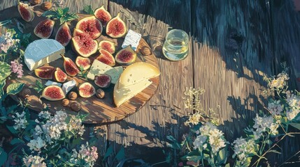 Poster - A top-down view of a vibrant charcuterie spread with mixed cheeses, fresh figs, and nuts on a rustic wood table