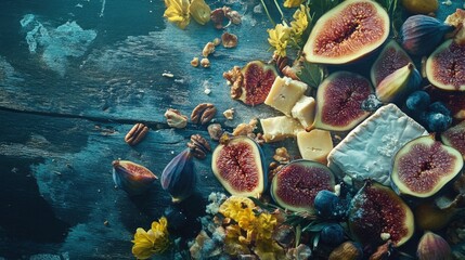 Poster - A top-down view of a vibrant charcuterie spread with mixed cheeses, fresh figs, and nuts on a rustic wood table