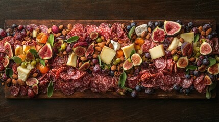 Poster - A top-down view of a vibrant charcuterie spread with mixed cheeses, fresh figs, and nuts on a rustic wood table